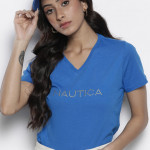 Women Blue V-Neck Pure Cotton T-shirt