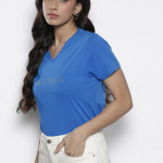 Women Blue V-Neck Pure Cotton T-shirt